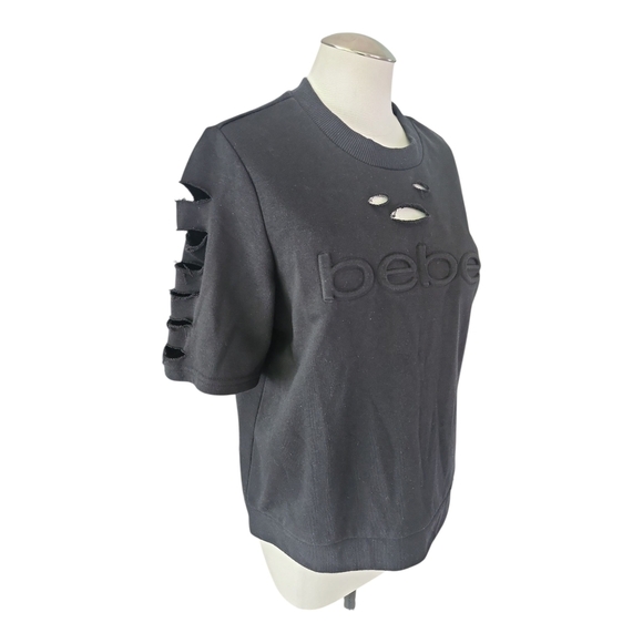 Bebe Sport Distressed Black Short Sleeve Sweatshirt Top Size Large - Picture 1 of 8